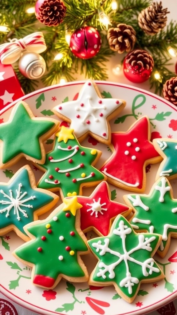 Decorated Christmas sugar cookies in festive shapes on a holiday plate with lights and pine.